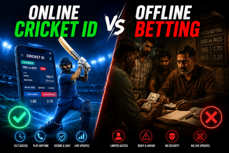 Split-screen graphic comparing online cricket ID on a smartphone with a stadium scene versus offline betting with people exchanging cash at a table.