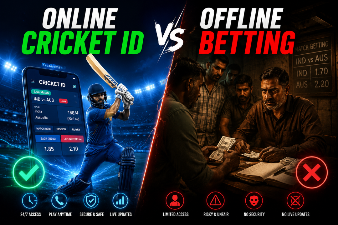 Split-screen graphic comparing online cricket ID on a smartphone with a stadium scene versus offline betting with people exchanging cash at a table.